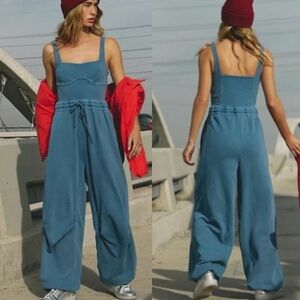 NWT FREE PEOPLE movement Inbound onesie skyline misty blue Jumpsuit w Drawstring